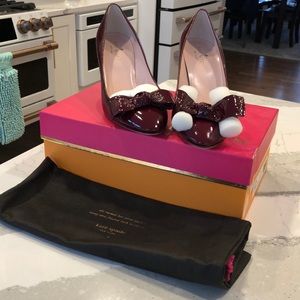 NWT KATE SPADE Bow Patent Leather wine crinkle leather 3” heel